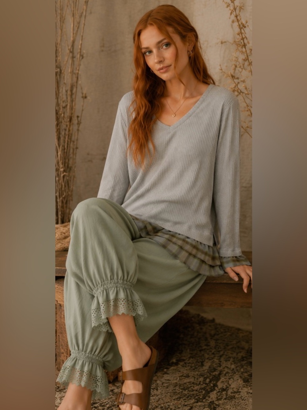 ZIA Boho Cottagecore Waffle Knit Plaid Ruffle Hem Tunic | SZ Large